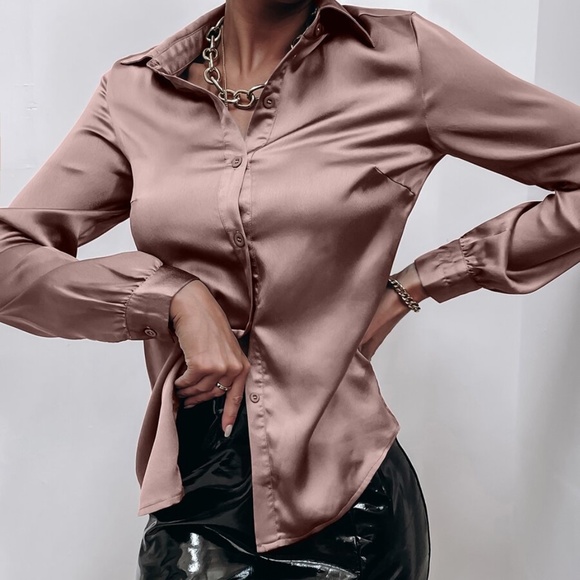 Classic Satin Camel button up minimalist Boyfriend Shirt - Picture 11 of 12